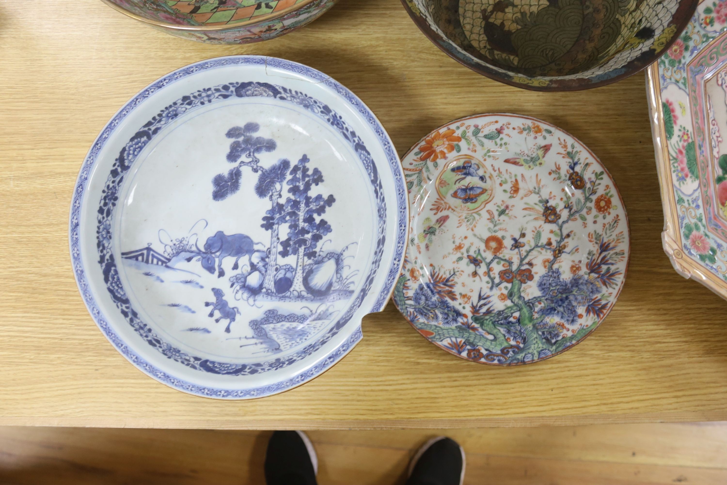 A large Japanese porcelain diamond shaped dish, 47cm, a Japanese cloisonné enamel ‘horses’ bowl, in Ming style, a Chinese famille rose bowl, a continental art pottery vase etc